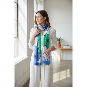 TALBOTS Floral Print Sheer Scarf Wrap With Green & Blue Flowers